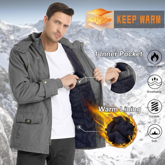 Mens Light Gray Thick Winter Jacket Hooded Fleece Lined Cotton Military Coat - Picture 2 of 6
